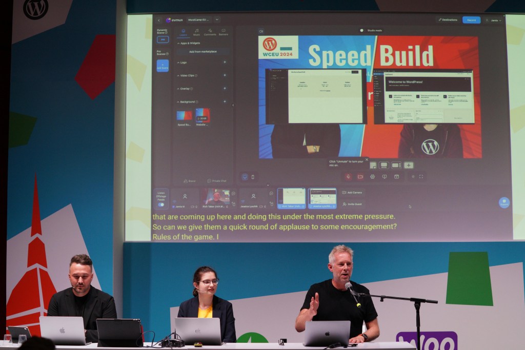 Three presenters seated with their laptops on stage during the Speed Build Session at WCEU. Photo by Roberto Vázquez.